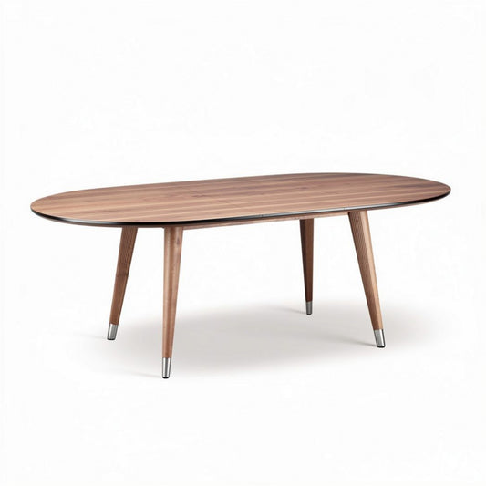Table ovale en bois de noyer 150 x 80 x 75cm avec pieds en métal argenté