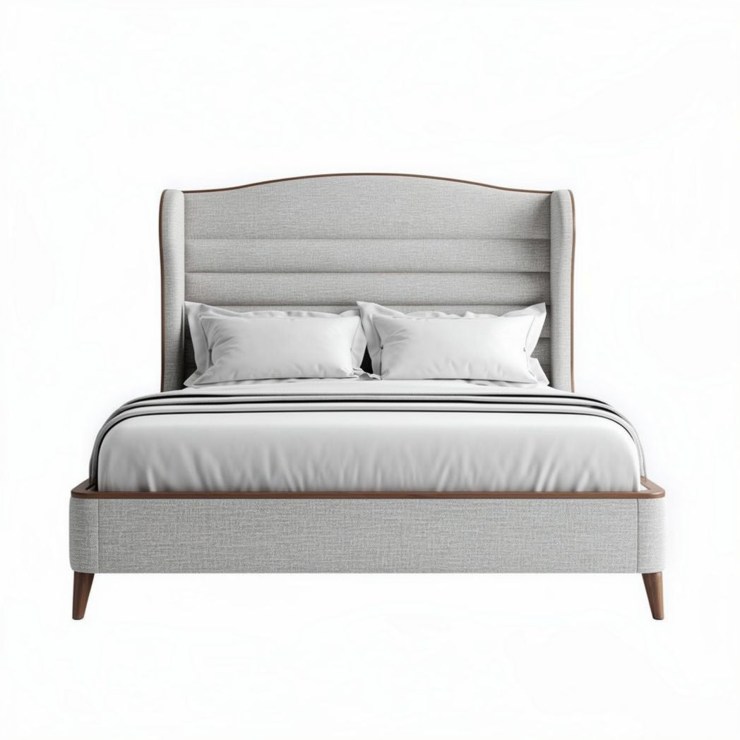 Lit double avec tête de lit en tissu gris et structure en bois 200 x 160 x 120cm