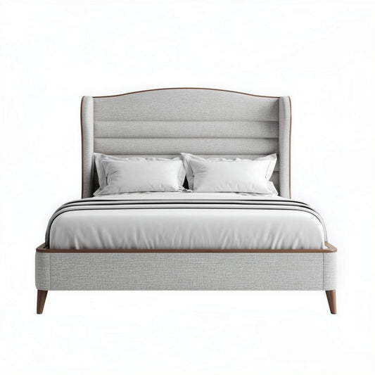 Lit double avec tête de lit en tissu gris et structure en bois 200 x 160 x 120cm