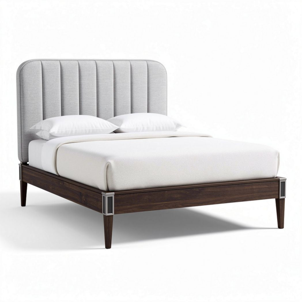 Lit double avec tête de lit en tissu gris et cadre en bois 200 x 160 x 100cm