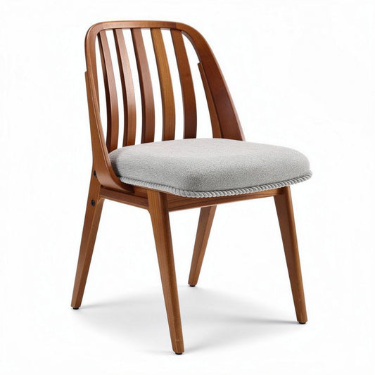 Chaise en bois naturellement teinté avec coussin en tissu gris de 45 x 45 x 85cm