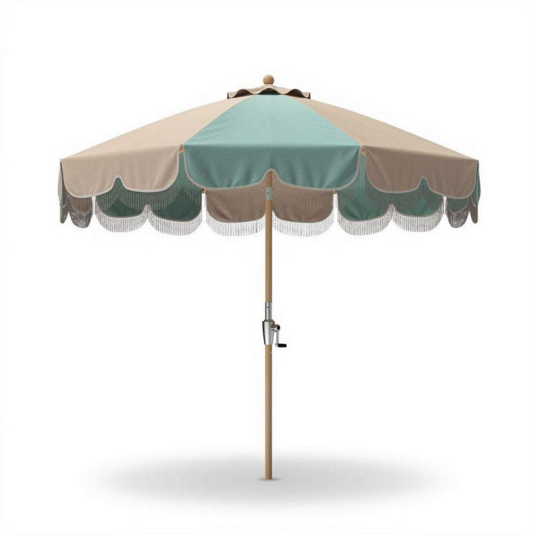 Parasol en polyester de 200 x 200 x 250 cm avec structure en bois et liserés décoratifs