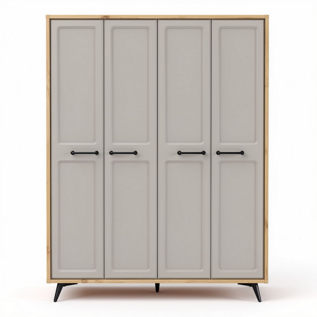Armoire en bois avec portes grises et poignées noires 180 x 120 x 45cm
